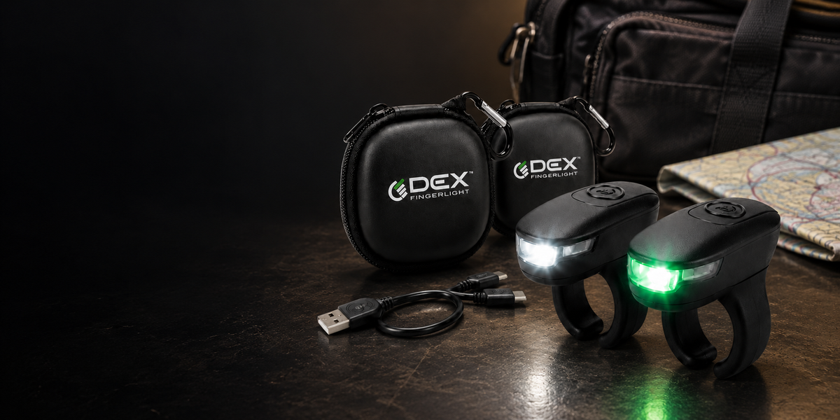 Two DEX FingerLights, carrying cases, and charging cable beside a flight bag and folded chart