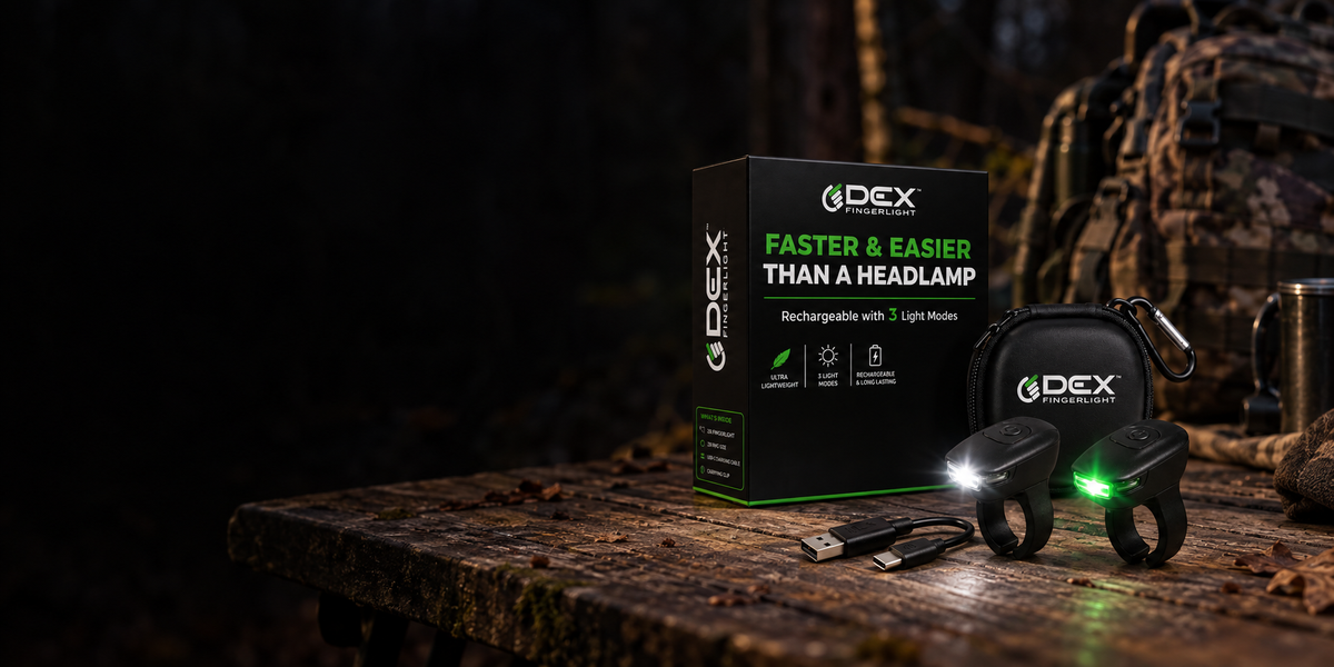 DEX FingerLight package, case, two lights, and charging cable beside a camouflage pack