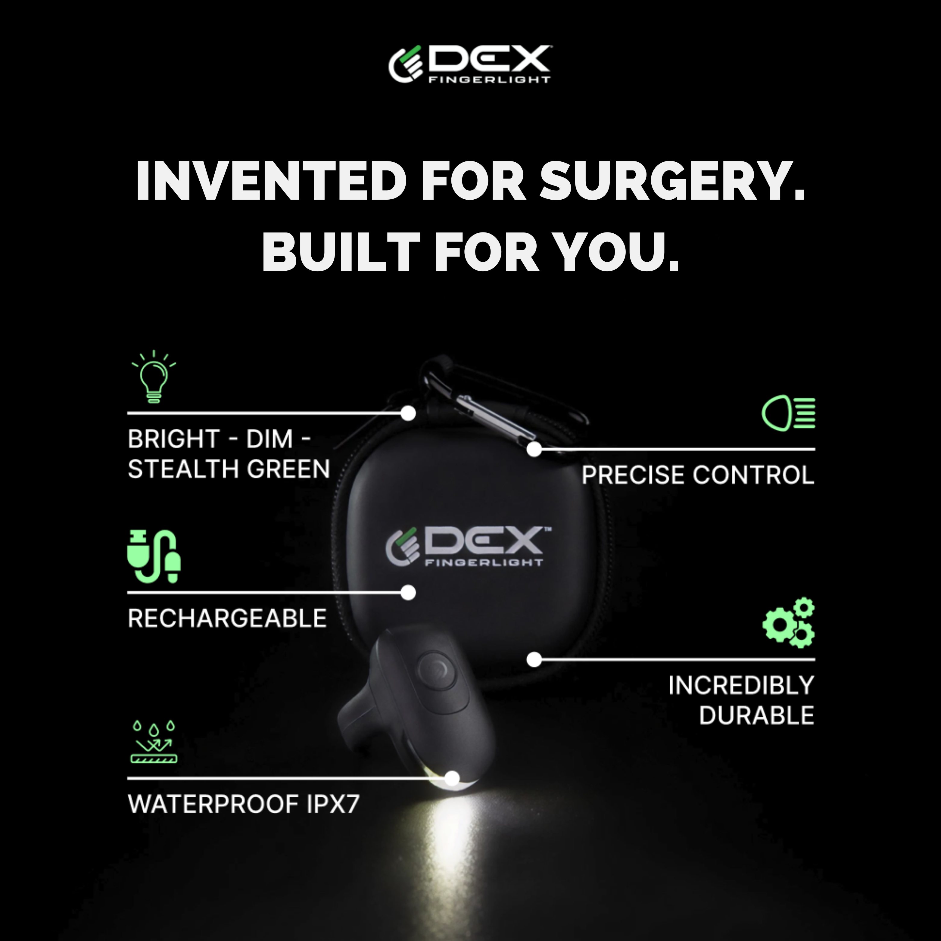 DEX FINGERLIGHT - Wearable LED Flashlight For Fingers, 300 Lumens, 3 Modes, Rechargeable, IPX7 Waterproof, USB-C